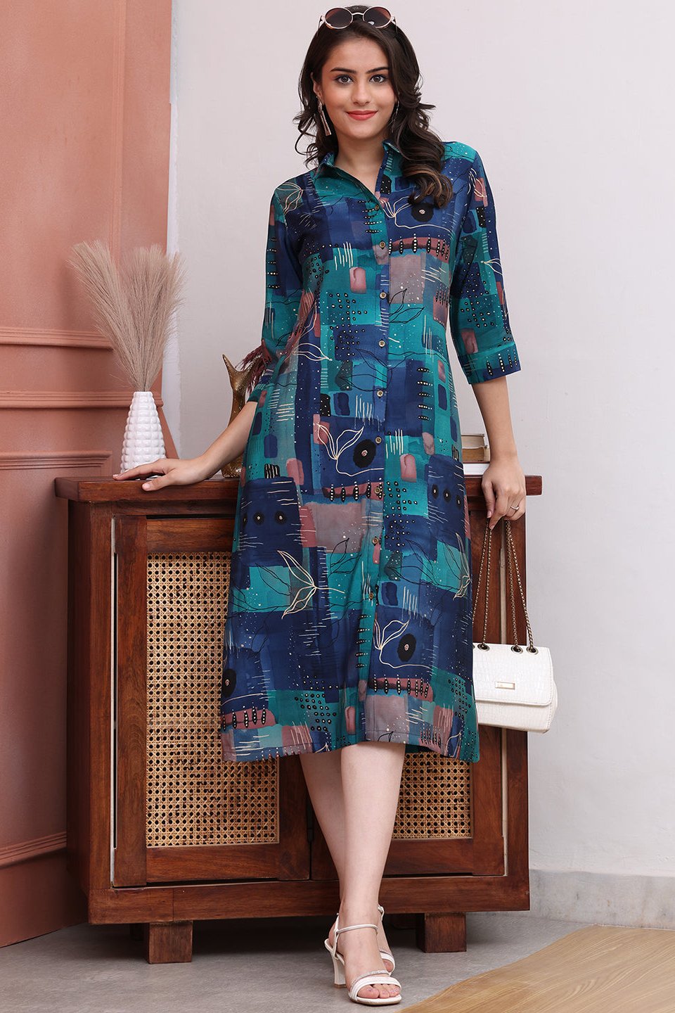 Blue Color Abstract Printed Chanderi Premium Ethnic Dress