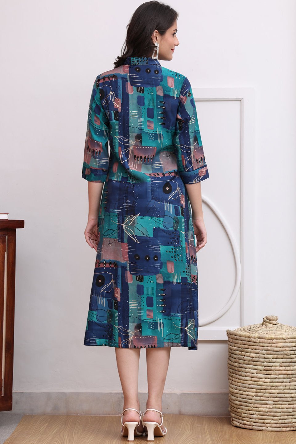 Blue Color Abstract Printed Chanderi Premium Ethnic Dress