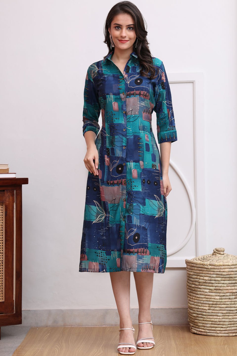 Blue Color Abstract Printed Chanderi Premium Ethnic Dress