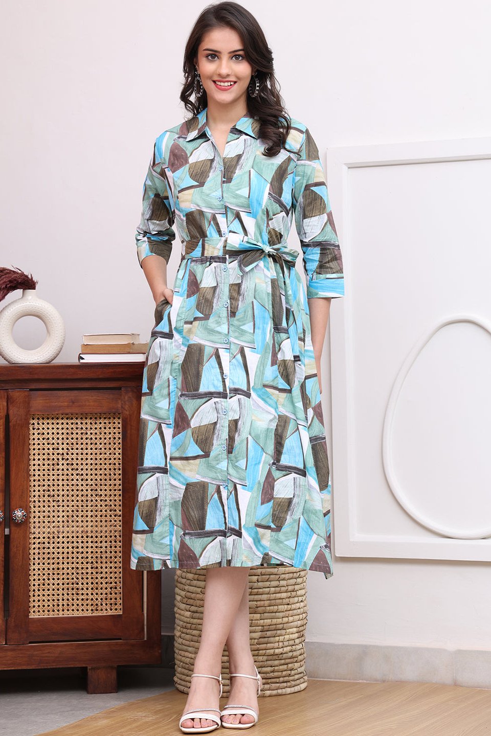 Blue Color Abstract Printed Cotton Ethnic Dress