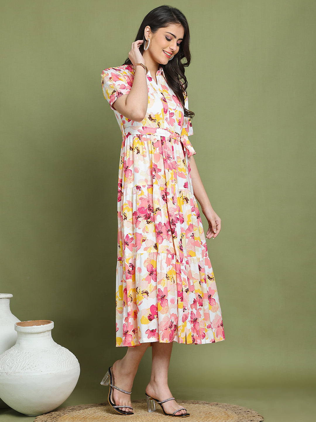 Pink Color Tropical Printed Cotton Ethnic Dress