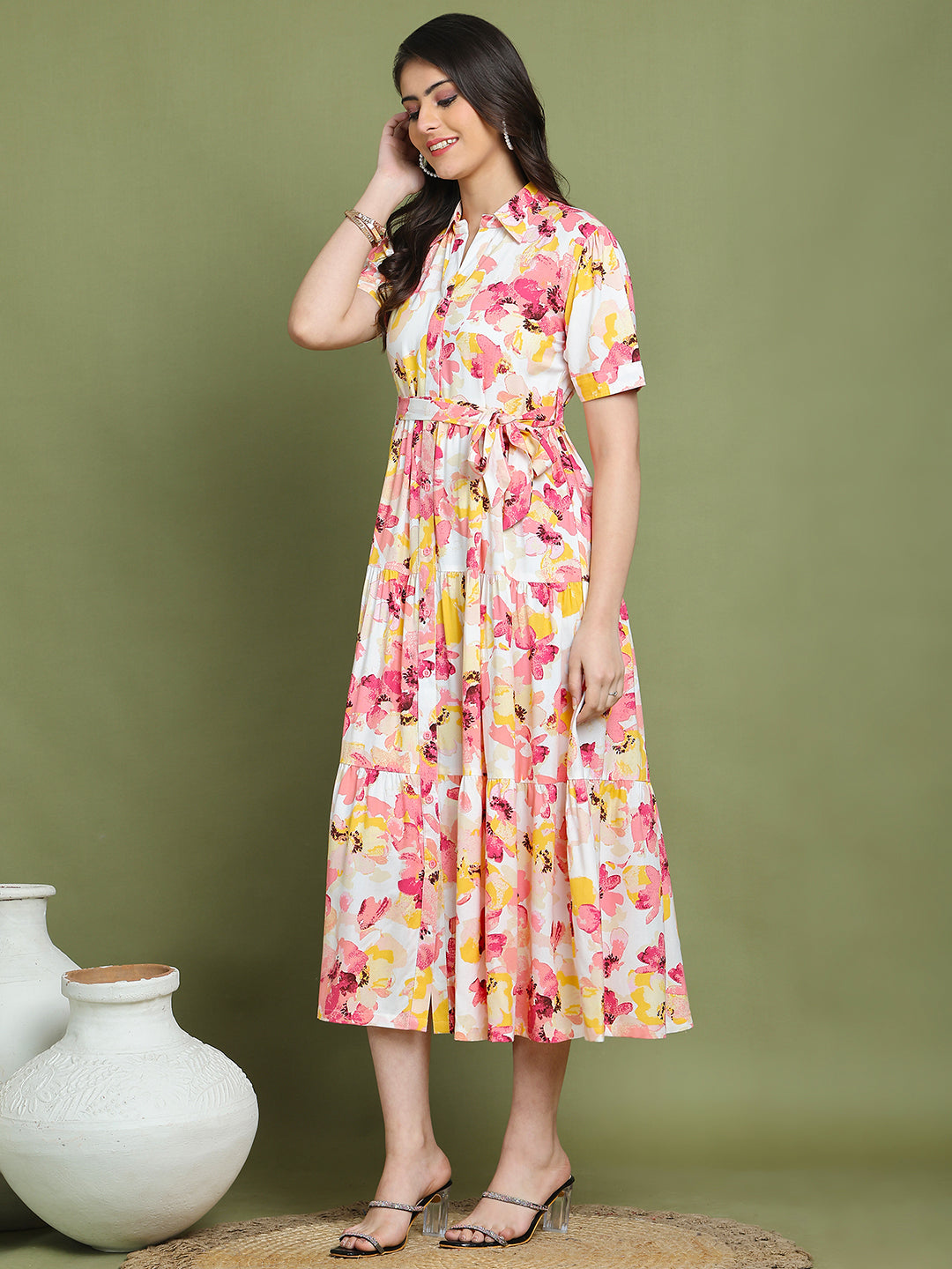 Pink Color Tropical Printed Cotton Ethnic Dress