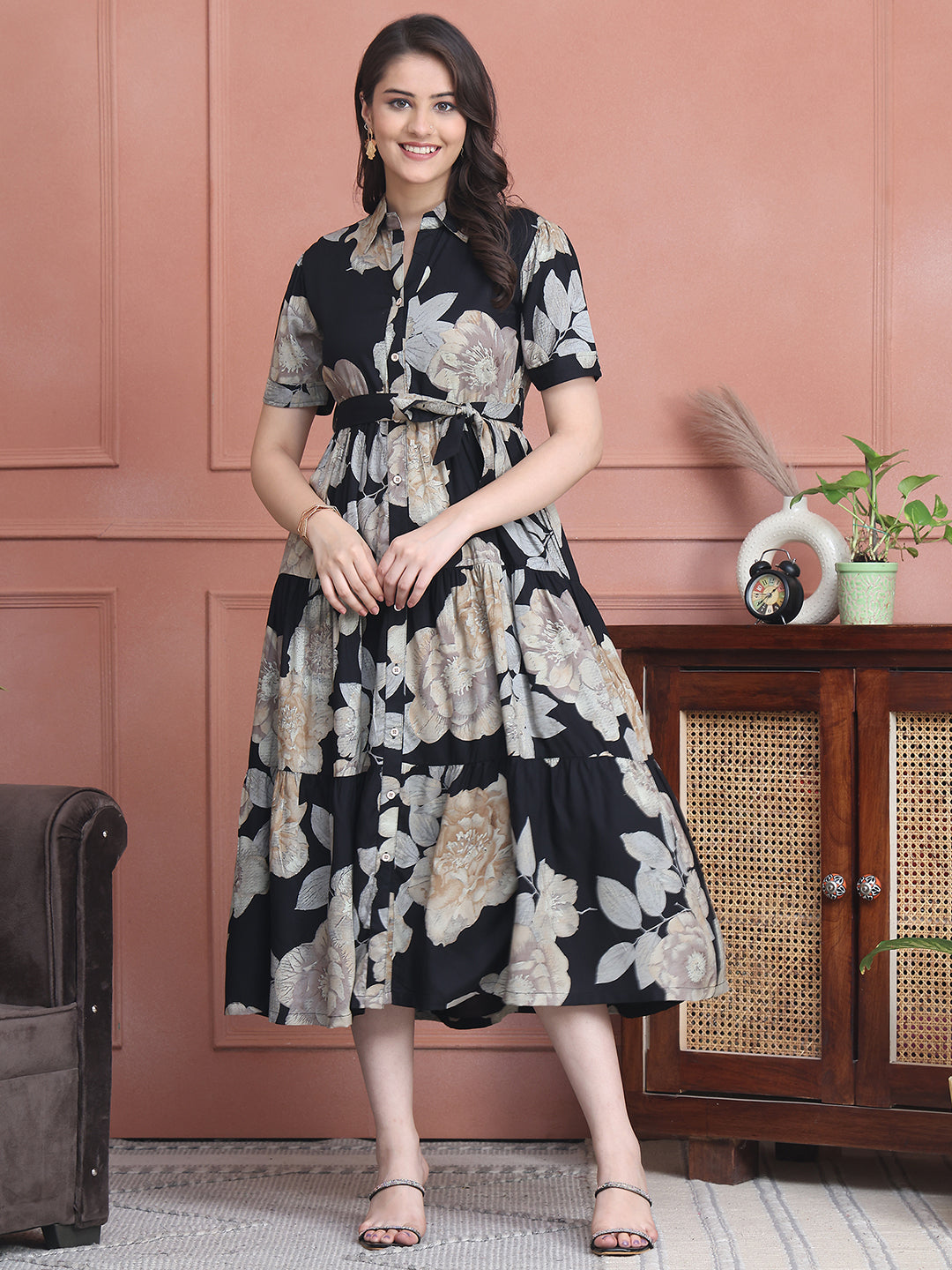 Black Colour Floral Printed Viscose Rayon Dress For Women