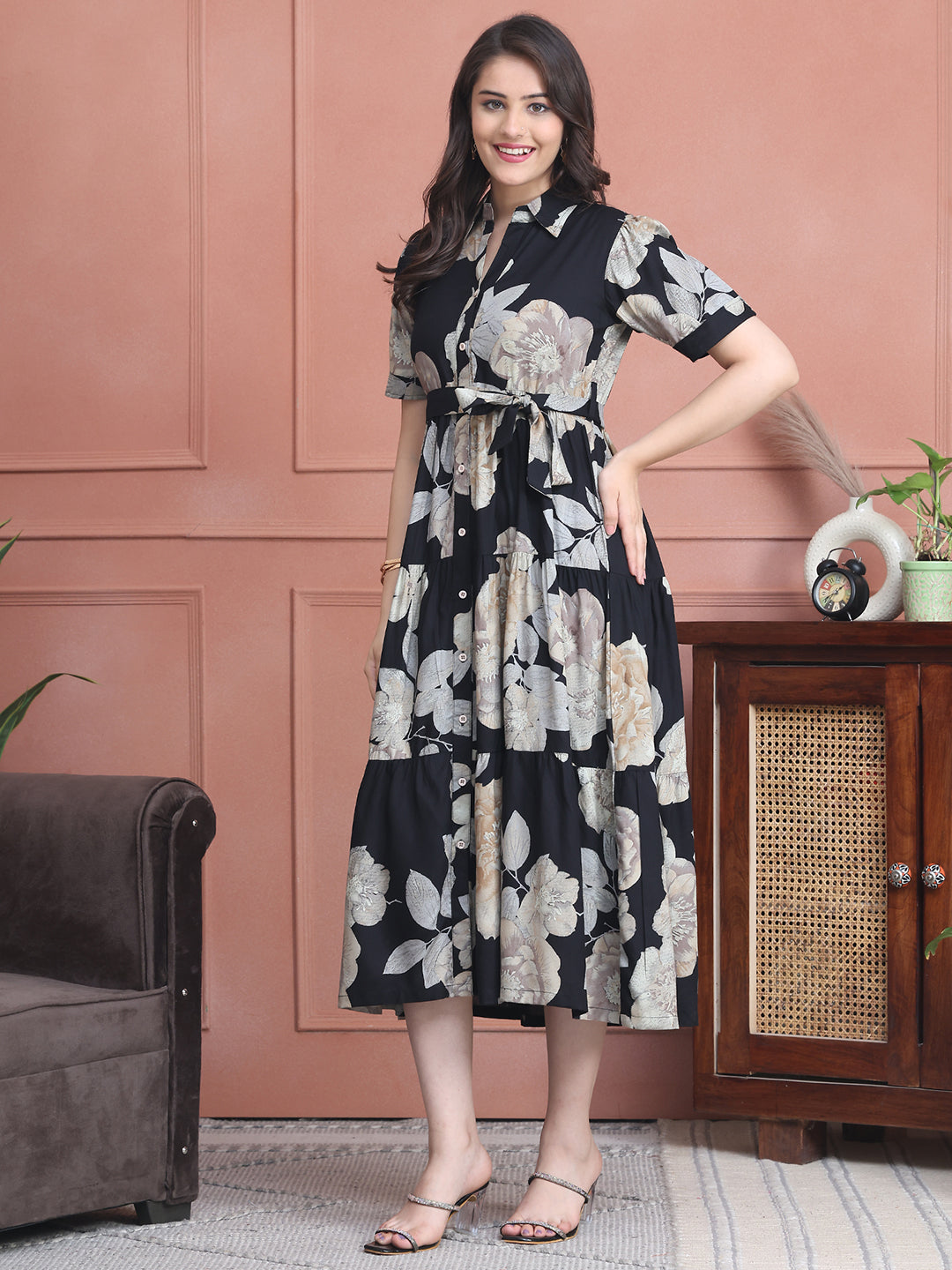 Black Colour Floral Printed Viscose Rayon Dress For Women