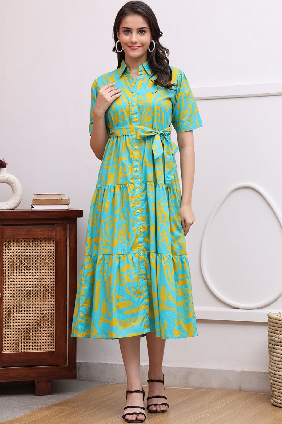 Blue Color Abstract Printed Cotton Ethnic Dress