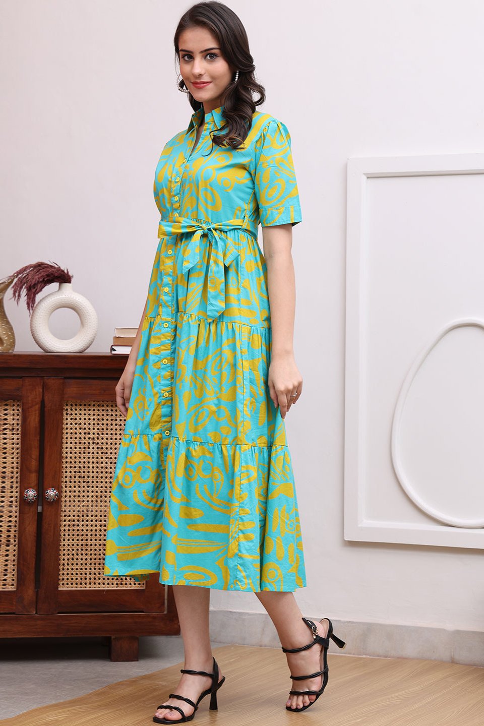 Blue Color Abstract Printed Cotton Ethnic Dress