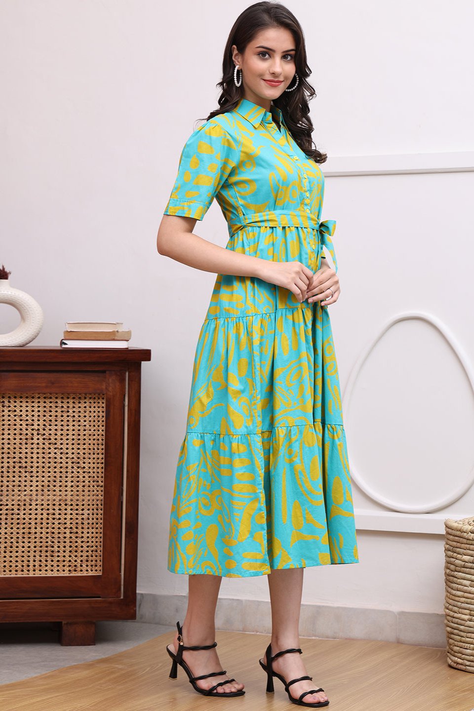 Blue Color Abstract Printed Cotton Ethnic Dress