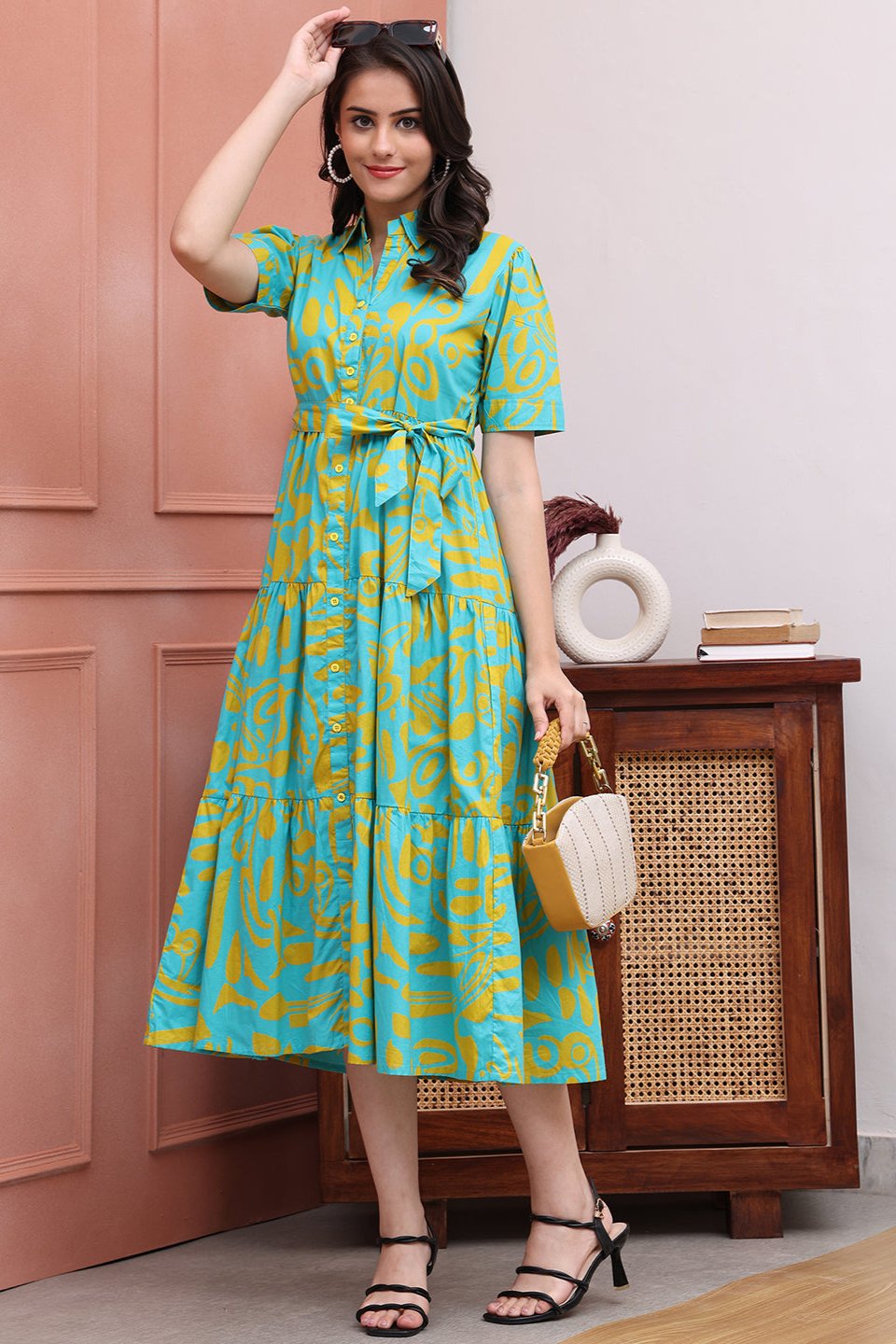 Blue Color Abstract Printed Cotton Ethnic Dress