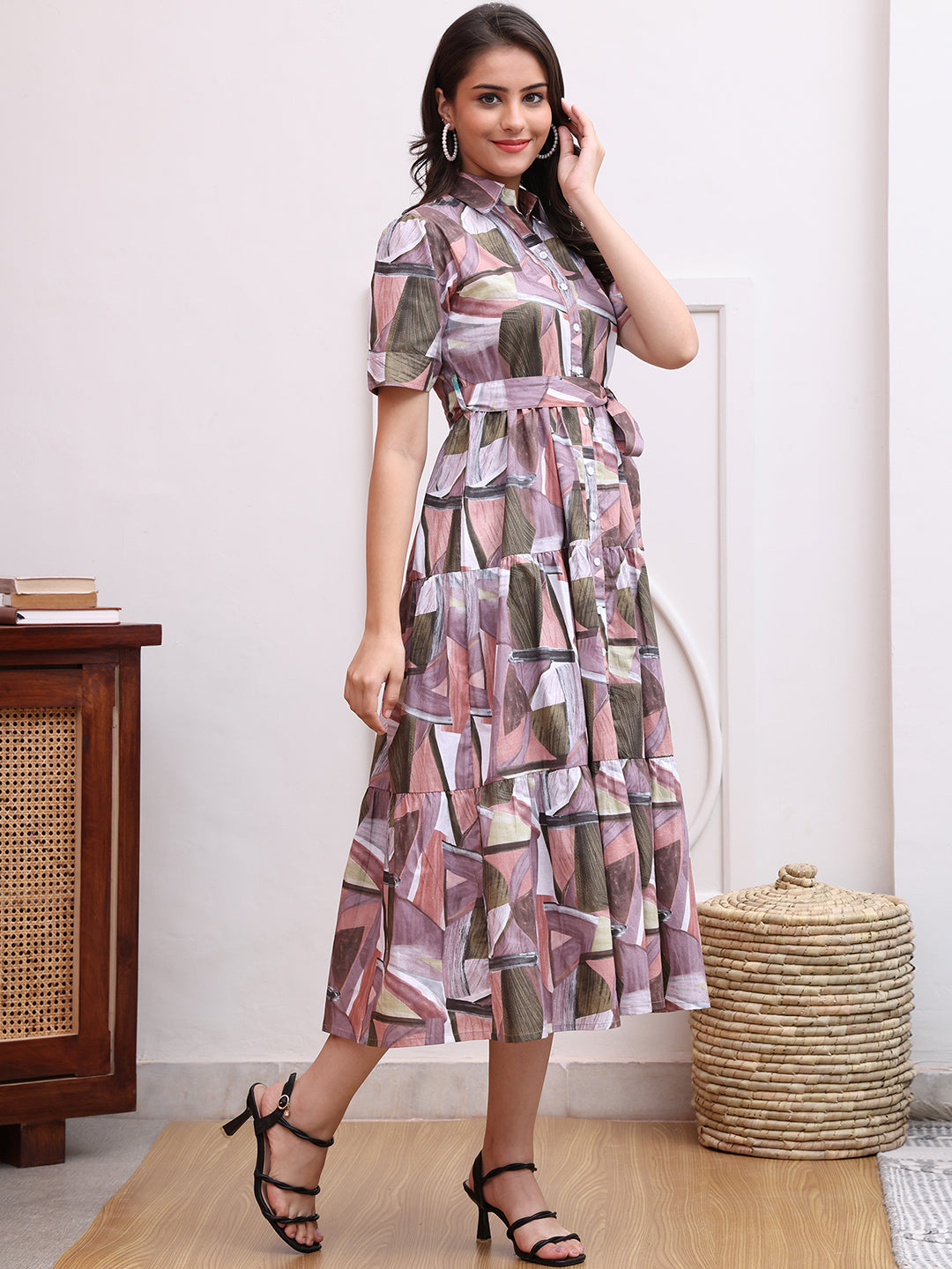 Mauve Color Abstract Printed Cotton Ethnic Dress