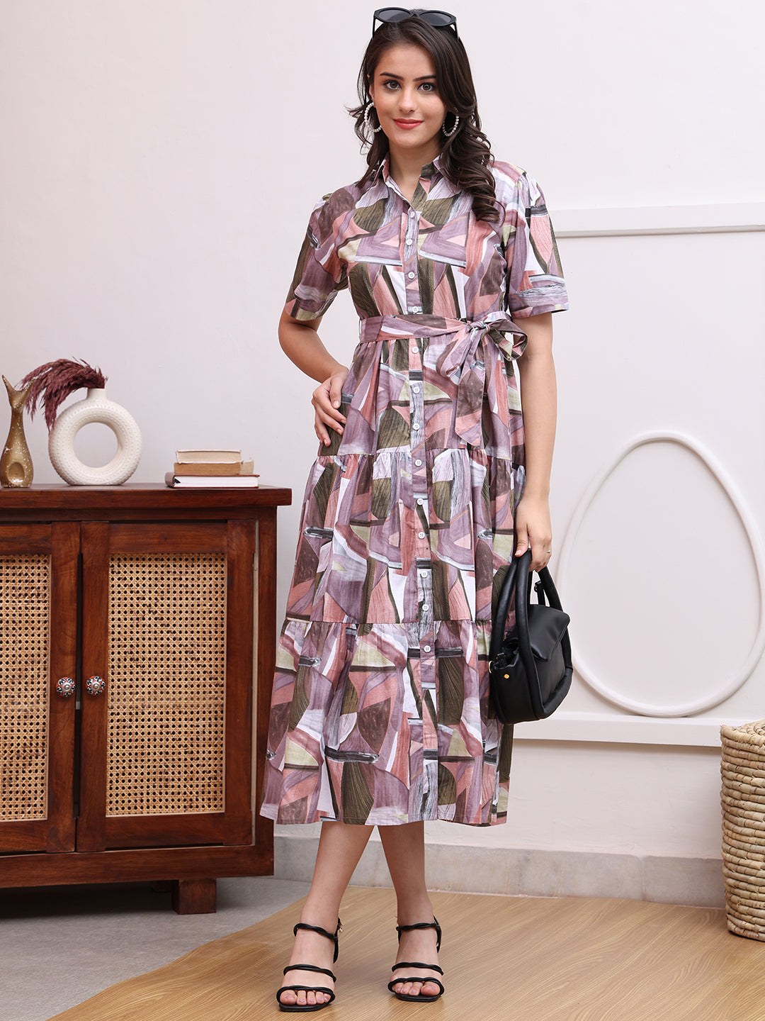 Mauve Color Abstract Printed Cotton Ethnic Dress