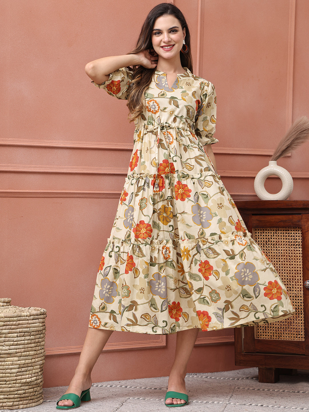 Cream Colour Floral Printed Cotton Ethnic dress