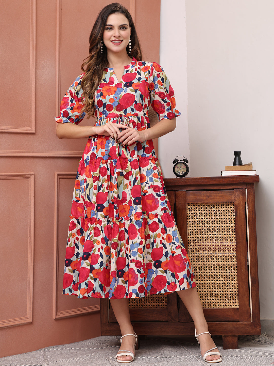 Pink Colour Floral Printed Cotton Ethnic Dress