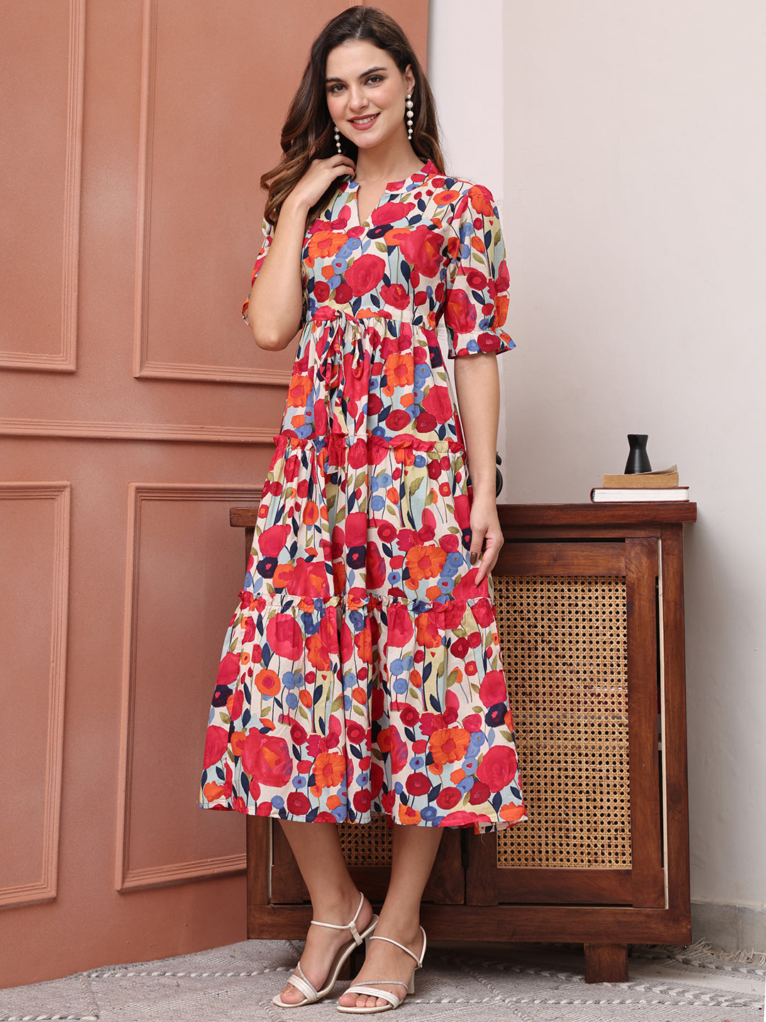 Pink Colour Floral Printed Cotton Ethnic Dress