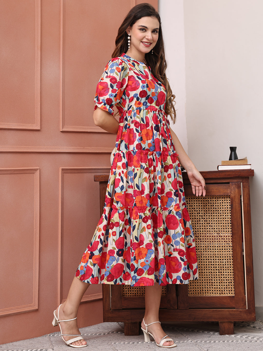 Pink Colour Floral Printed Cotton Ethnic Dress