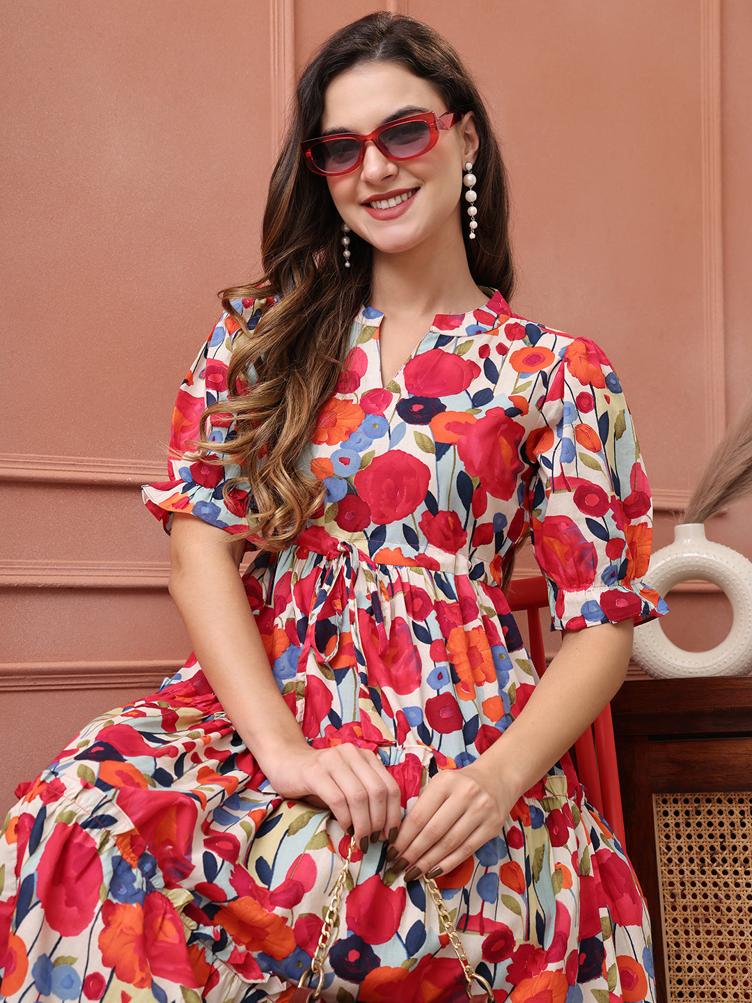 Pink Colour Floral Printed Cotton Ethnic Dress