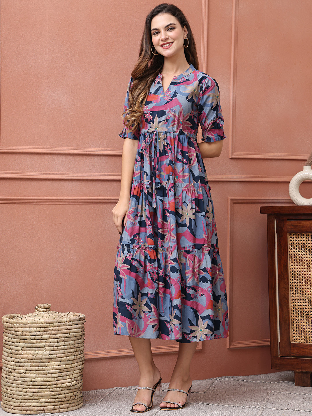 Blue Colour Floral Printed Premium Chanderi Ehtnic Dress