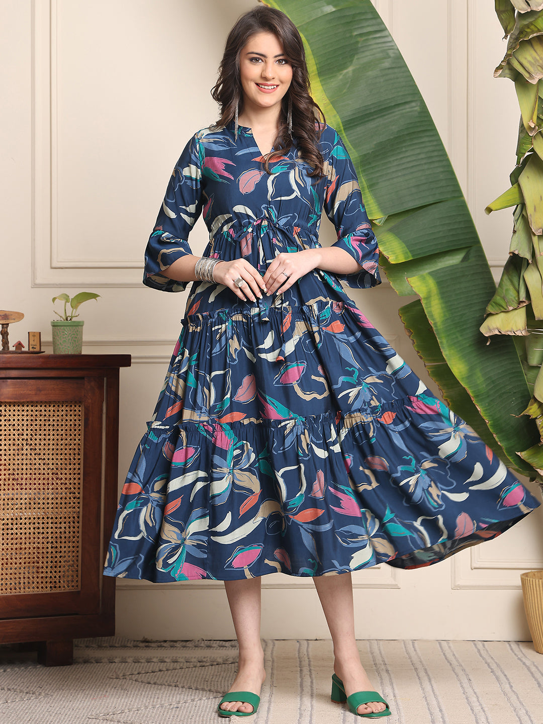 Navy Color Floral Printed Premium Chanderi Ethnic Dress