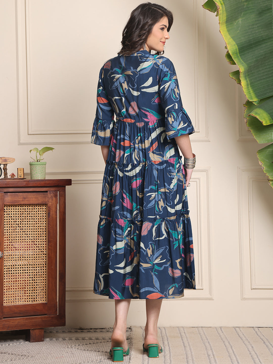 Navy Color Floral Printed Premium Chanderi Ethnic Dress