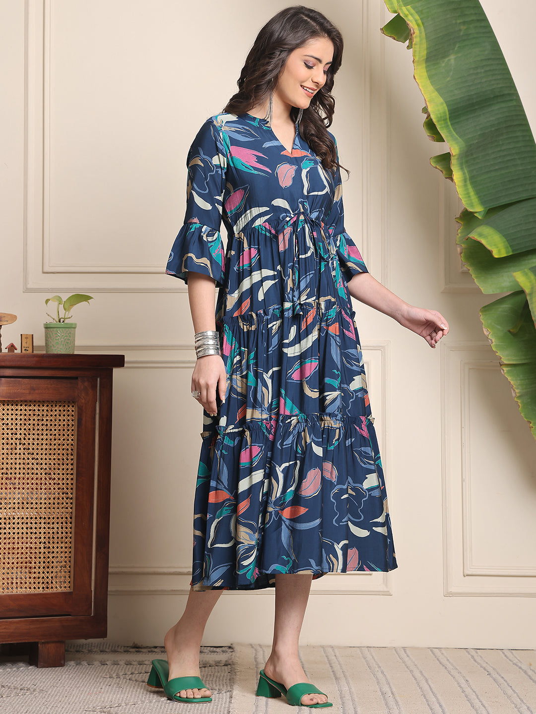 Navy Color Floral Printed Premium Chanderi Ethnic Dress