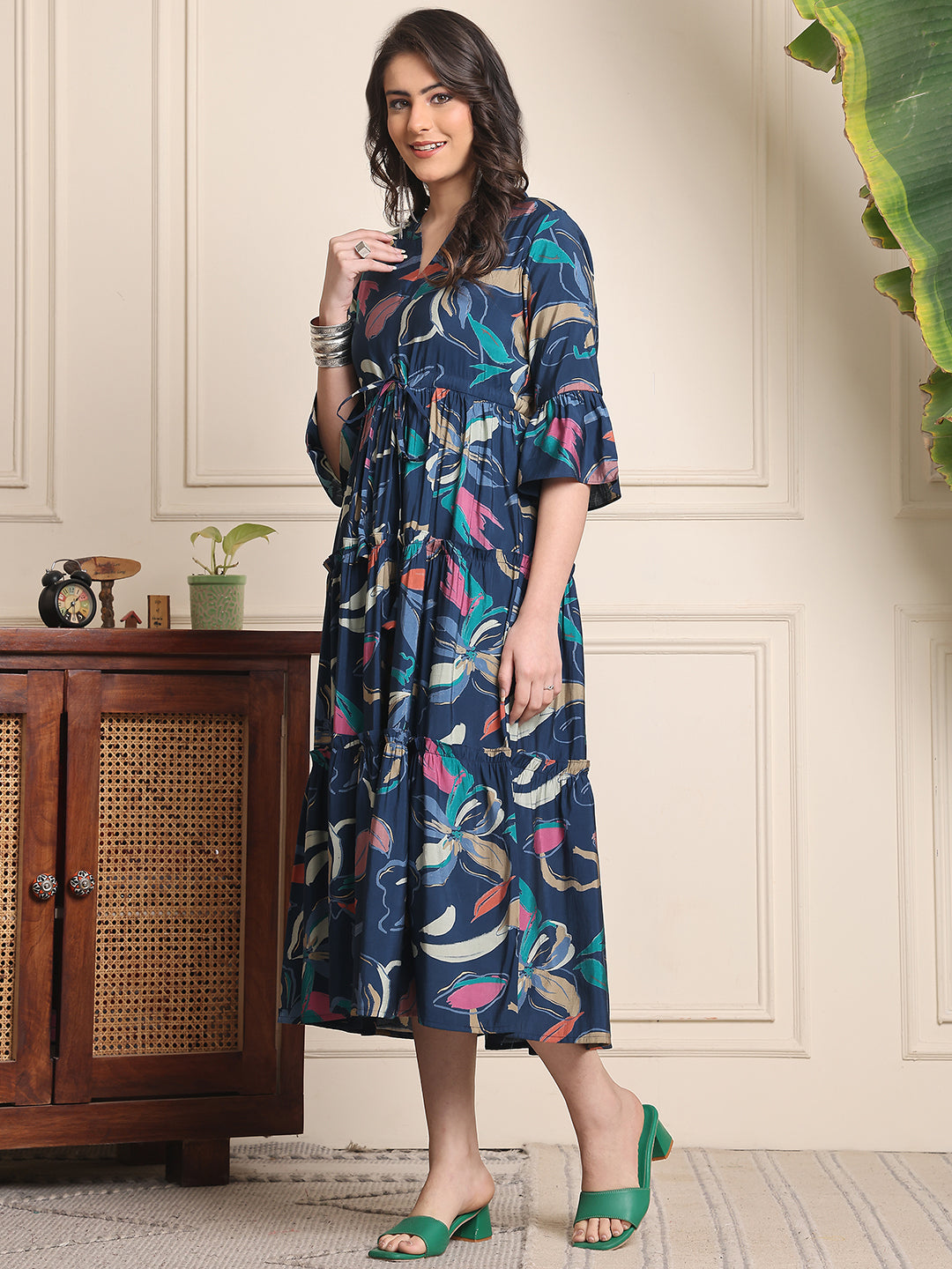 Navy Color Floral Printed Premium Chanderi Ethnic Dress