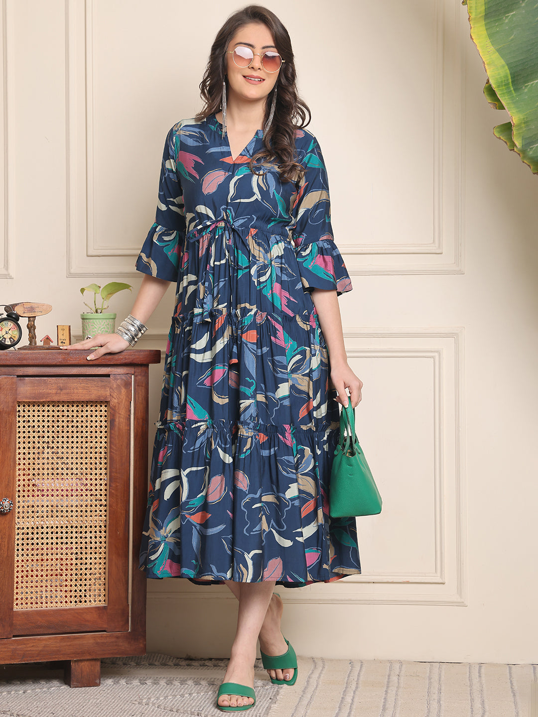 Navy Color Floral Printed Premium Chanderi Ethnic Dress