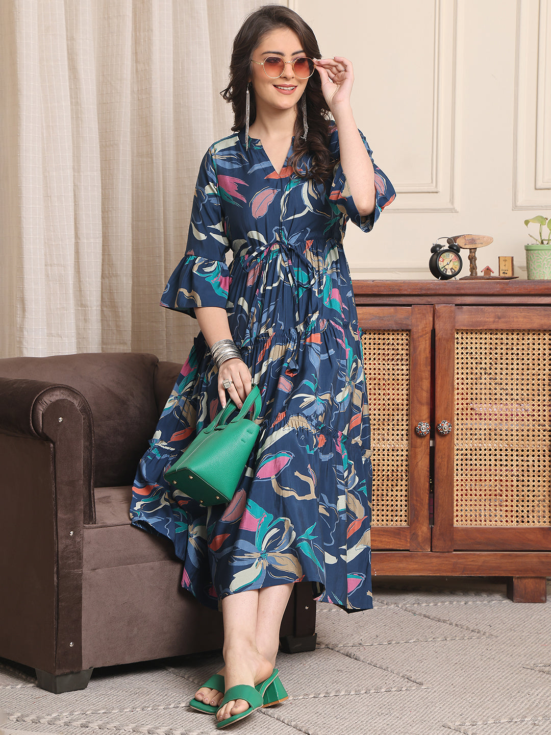 Navy Color Floral Printed Premium Chanderi Ethnic Dress