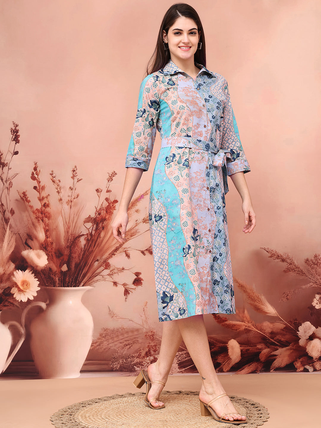 Blue Colour Floral Printed Cotton Dress for Women