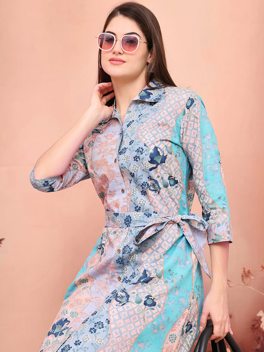 Blue Colour Floral Printed Cotton Dress for Women