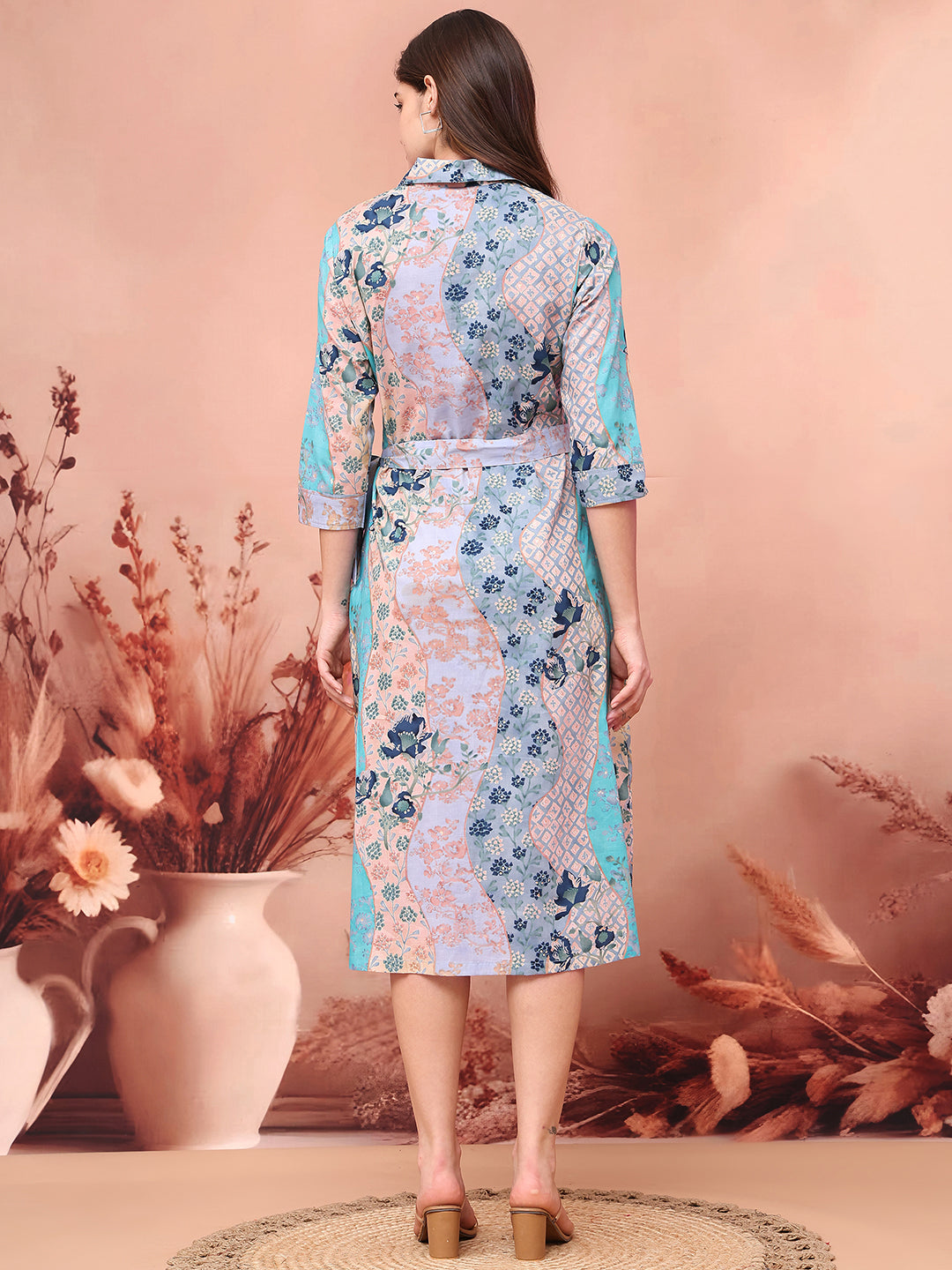 Blue Colour Floral Printed Cotton Dress for Women