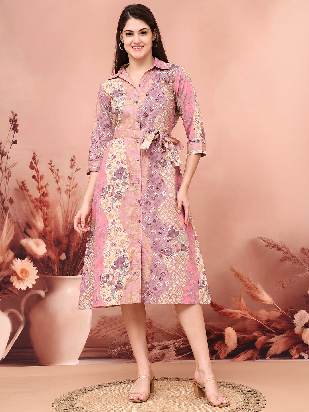 Mauve Colour Floral Printed Cotton Dress For Women