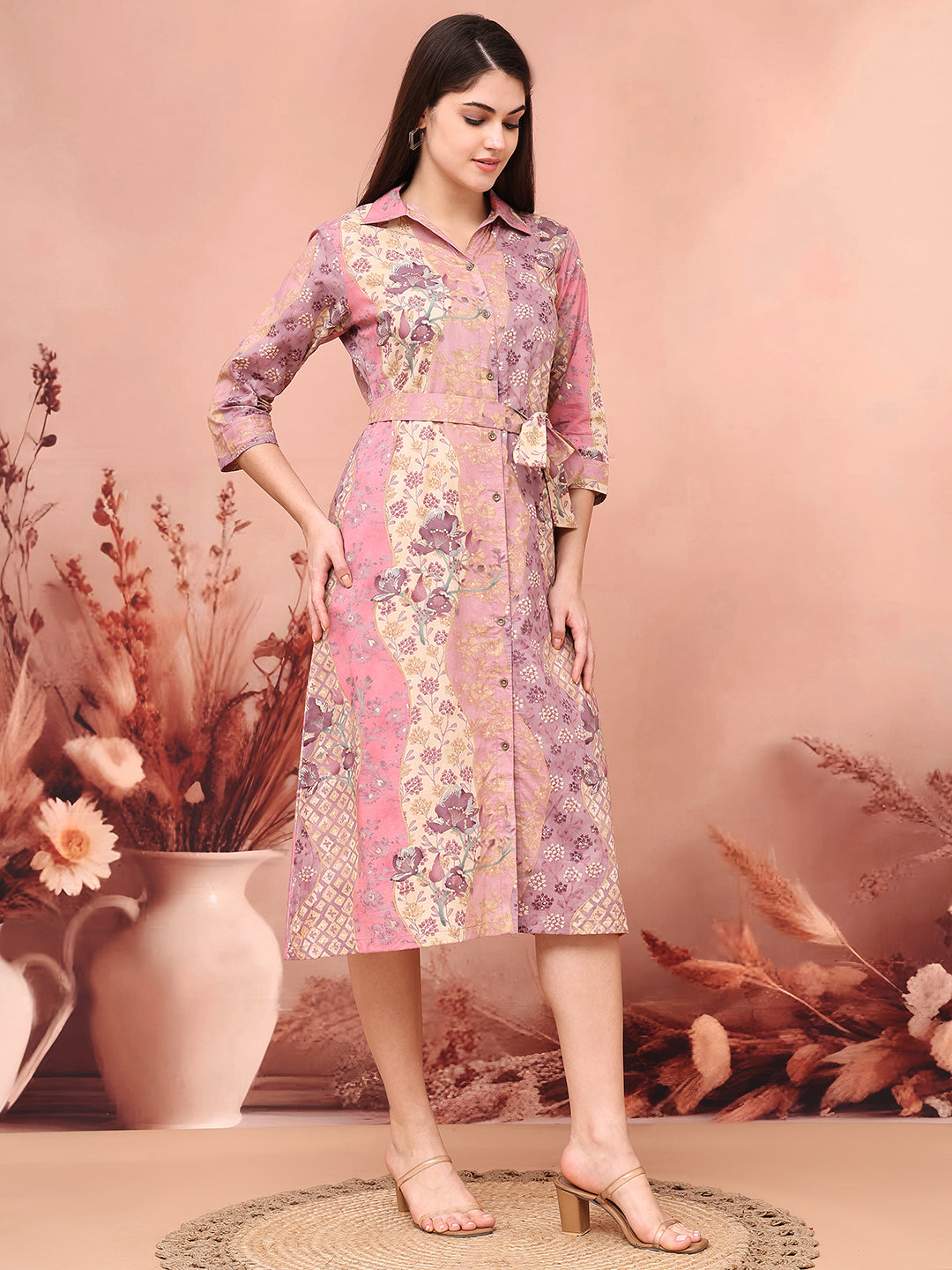 Mauve Colour Floral Printed Cotton Dress For Women