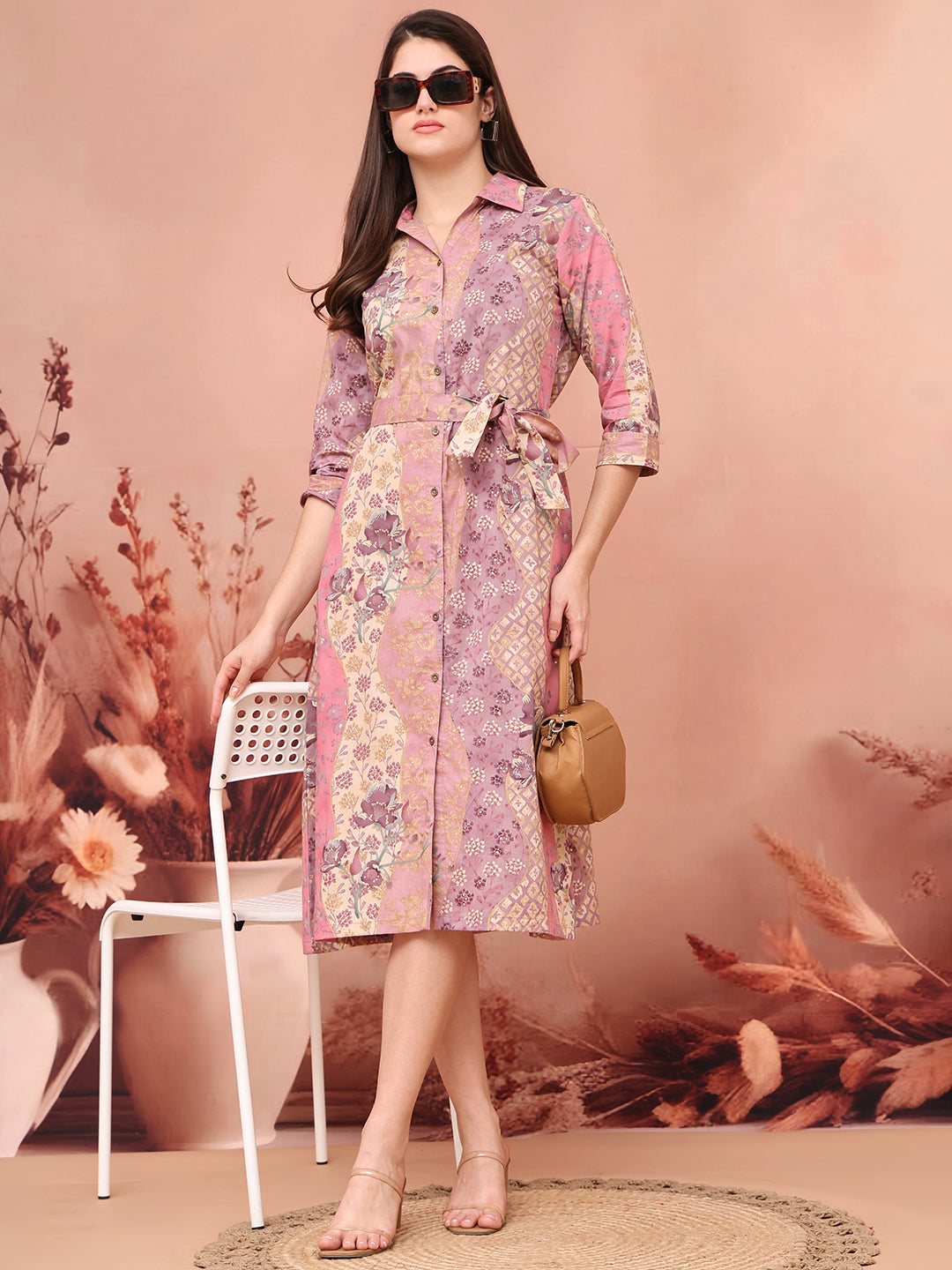 Mauve Colour Floral Printed Cotton Dress For Women