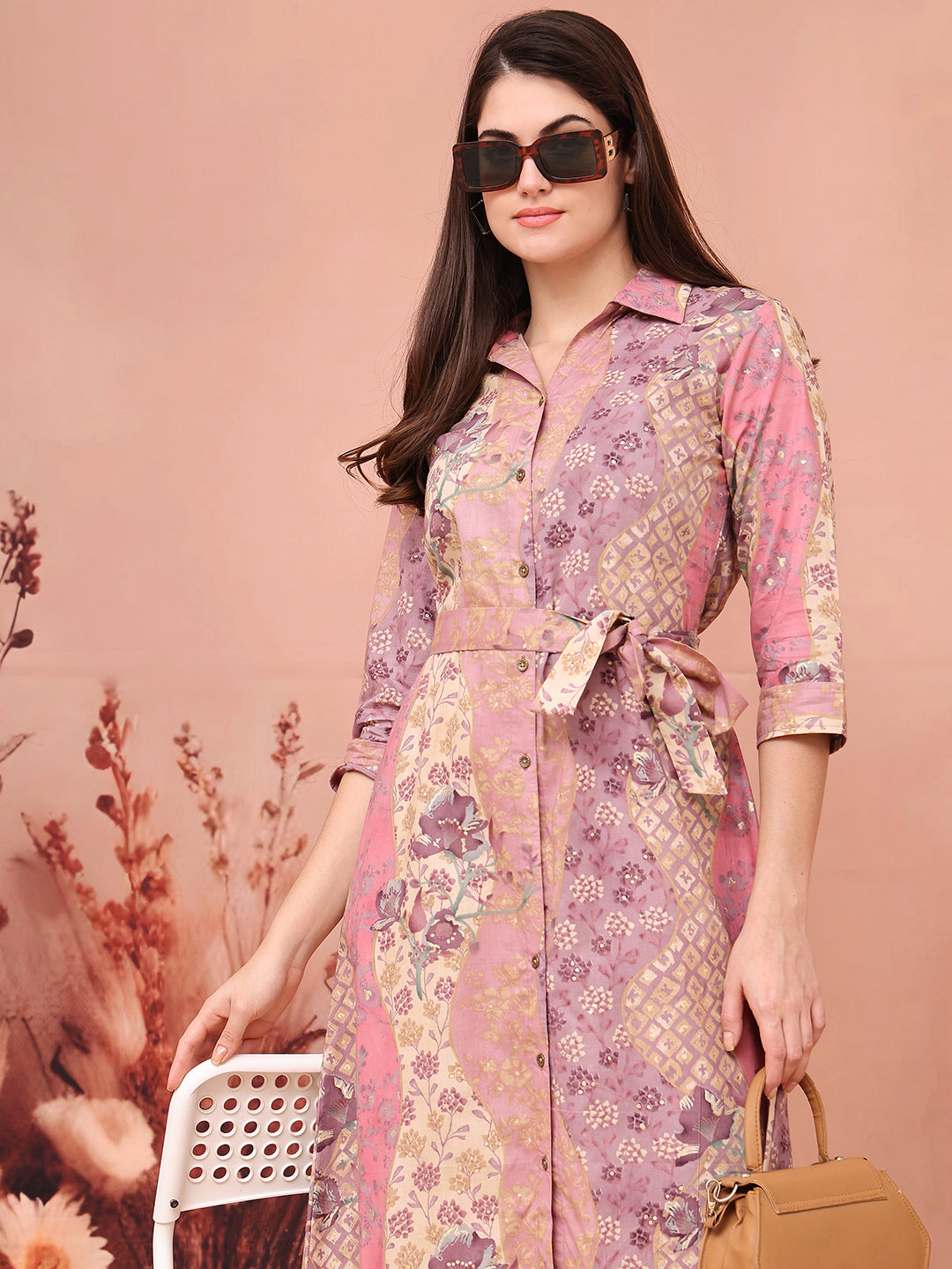 Mauve Colour Floral Printed Cotton Dress For Women