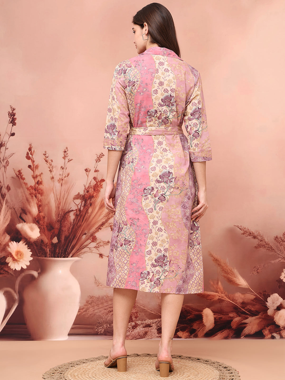 Mauve Colour Floral Printed Cotton Dress For Women