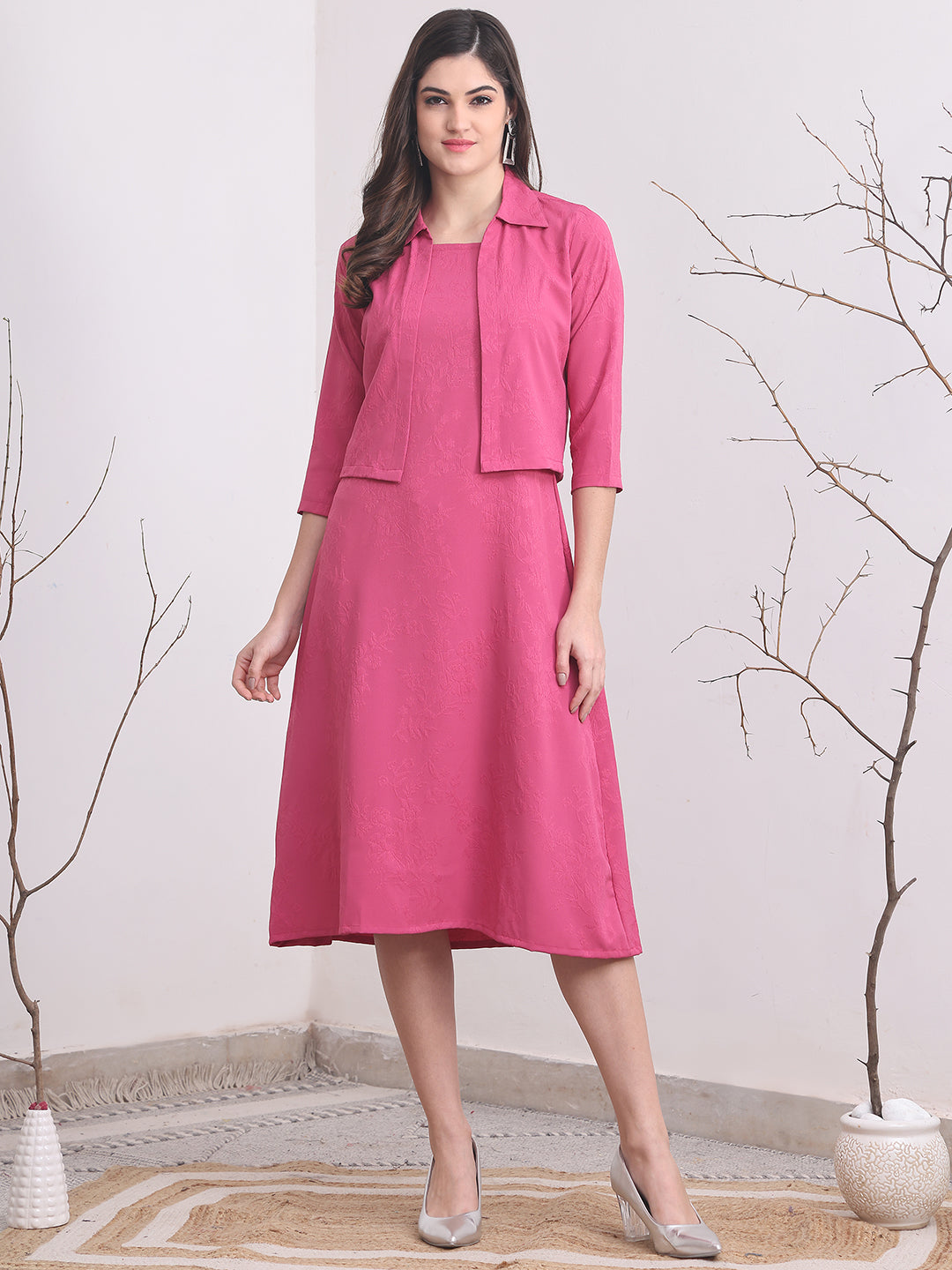 Pink Color Solid Printed Polyester Dress  with Jacket For Women