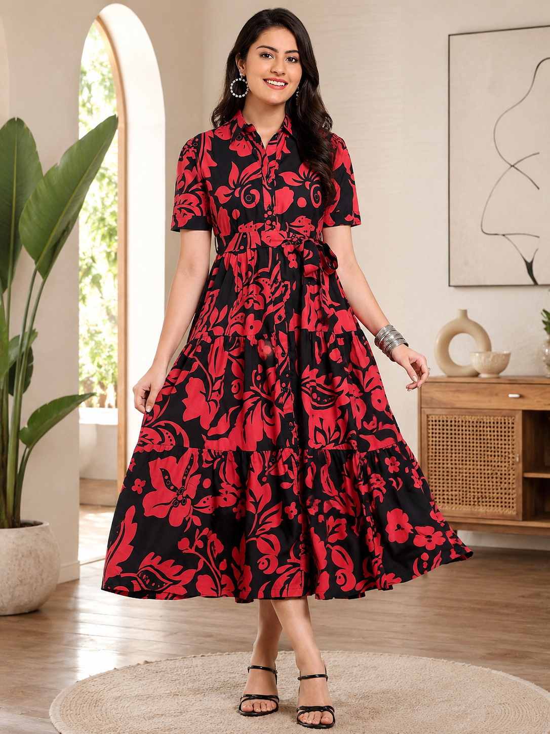 Black Cotton Floral Dress | Claura