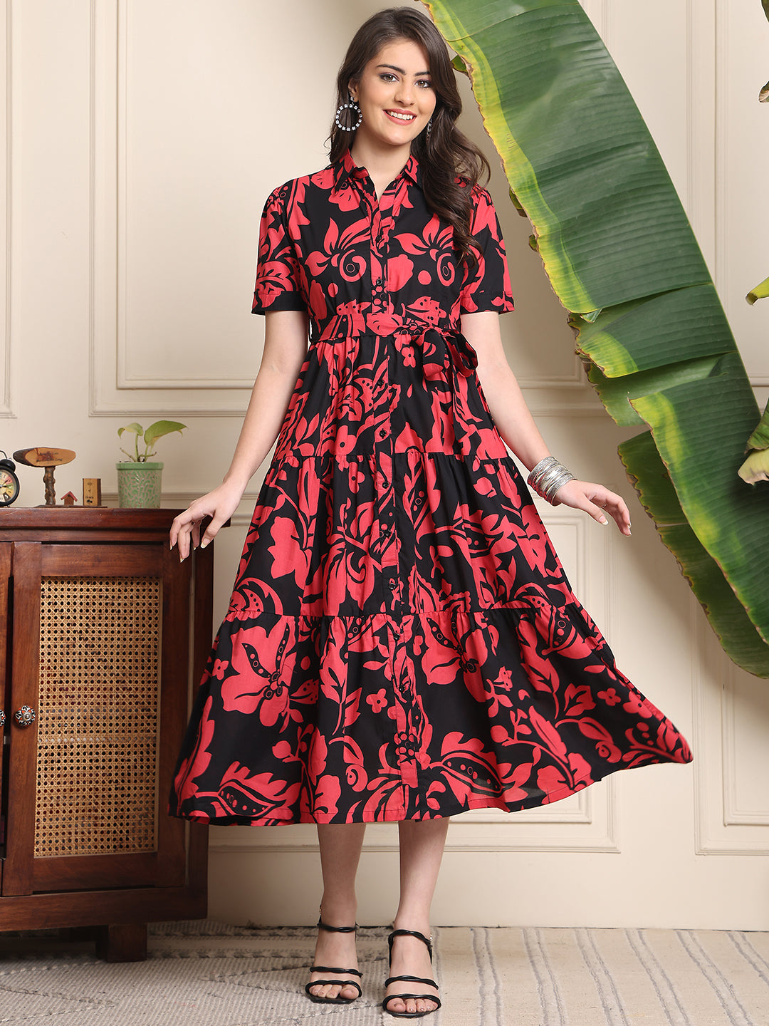 Black Colour Floral Printed Cotton Dress For Women