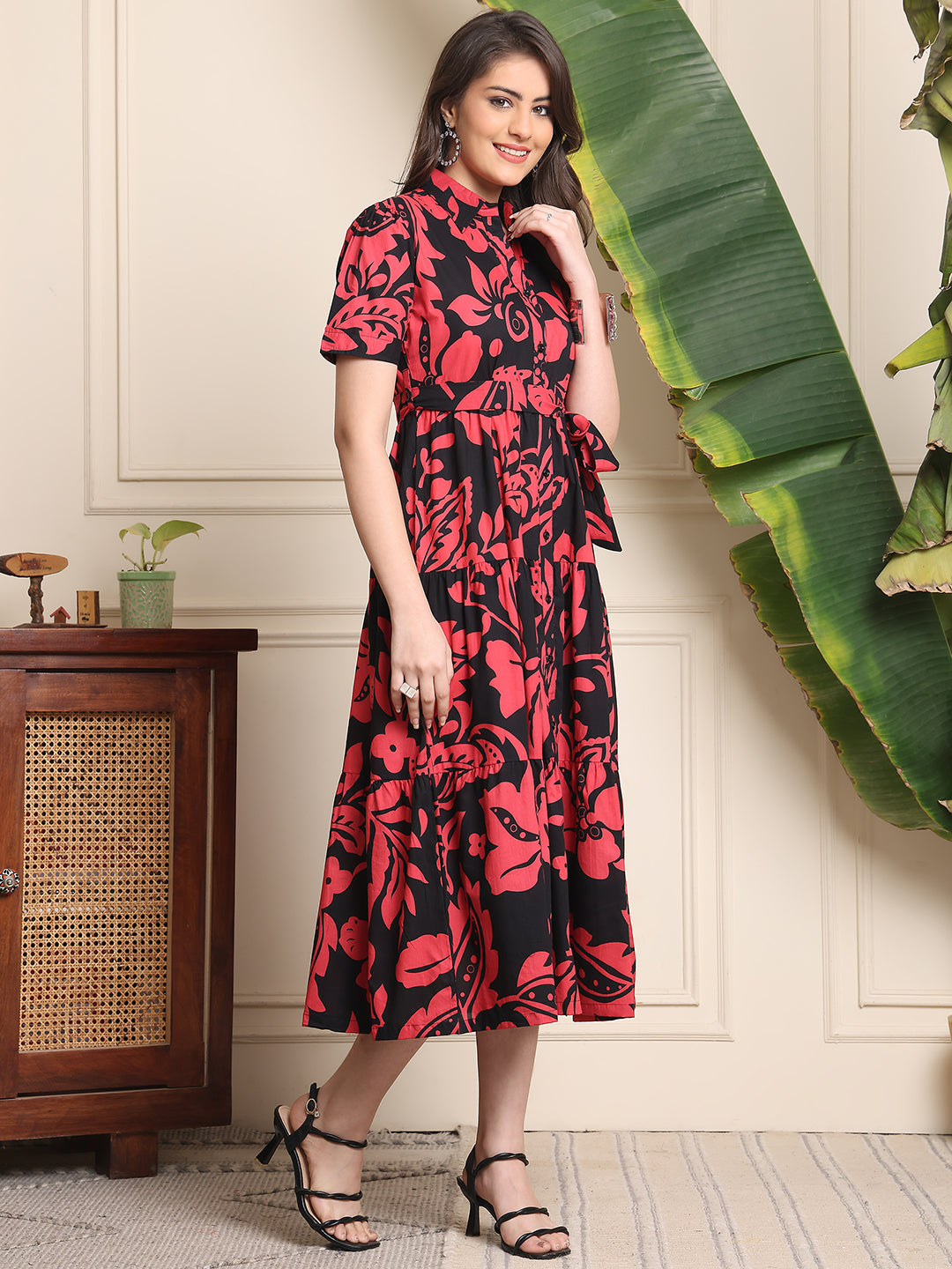 Black Colour Floral Printed Cotton Dress For Women