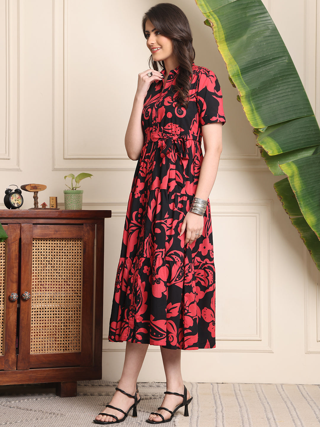 Black Colour Floral Printed Cotton Dress For Women