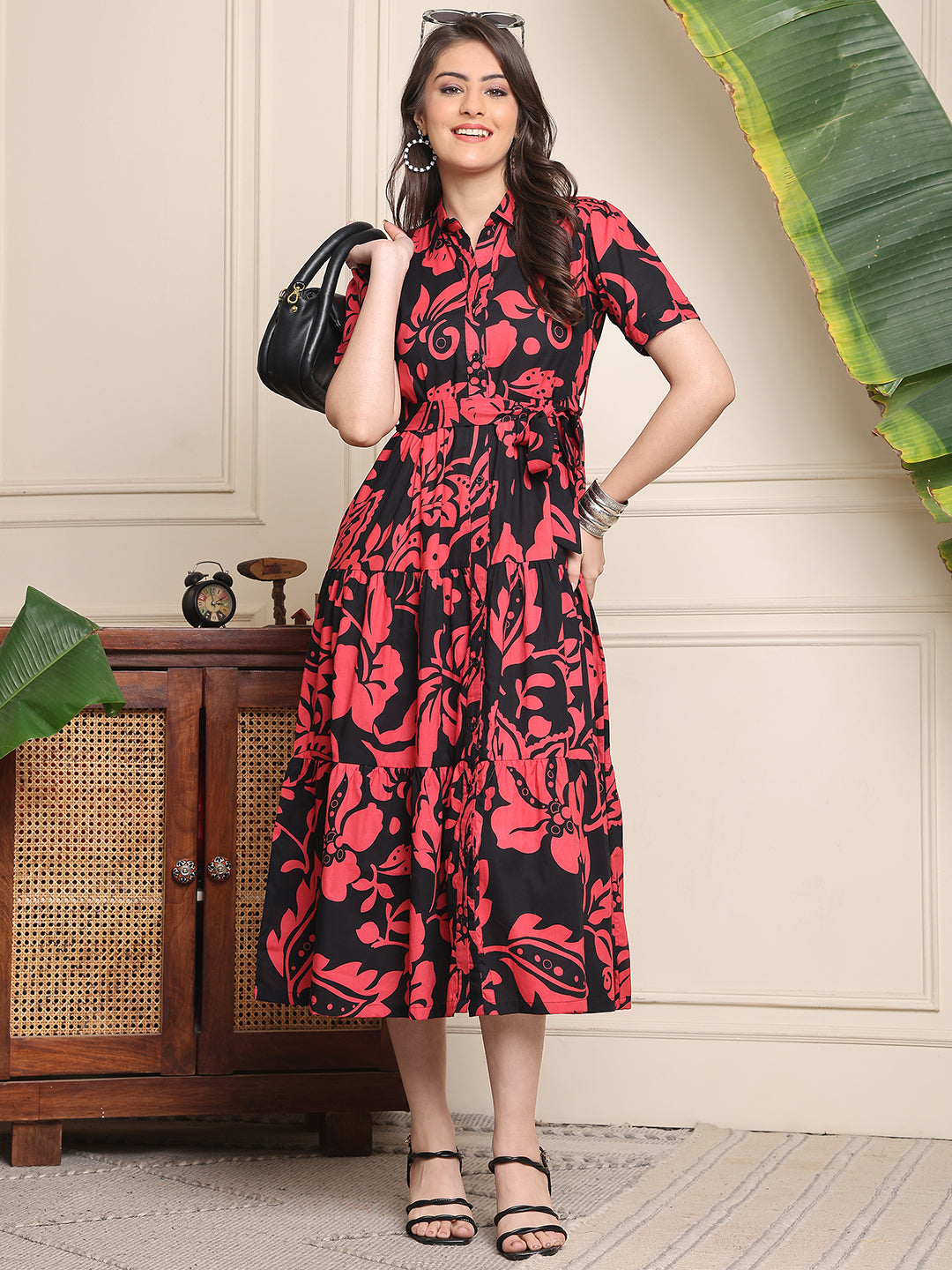 Black Colour Floral Printed Cotton Dress For Women