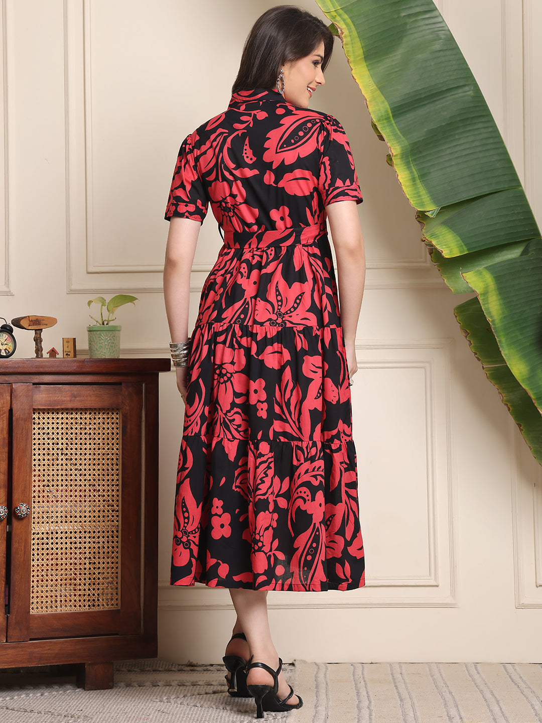 Black Colour Floral Printed Cotton Dress For Women