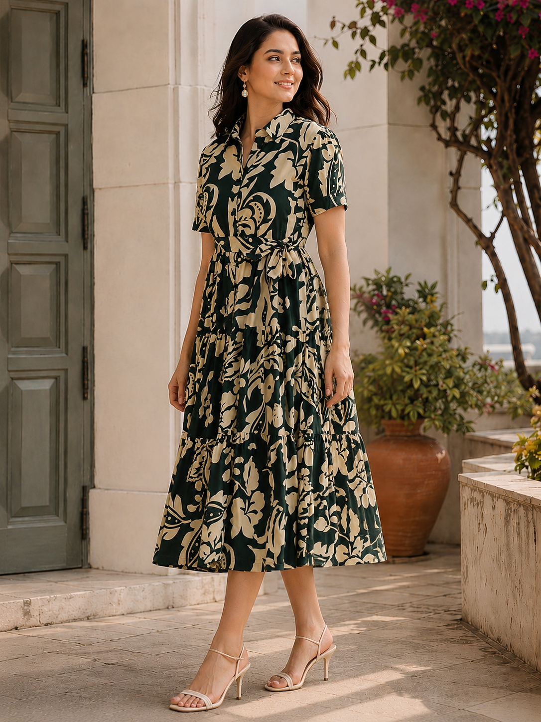 Green Cotton Floral Printed Dress | Claura