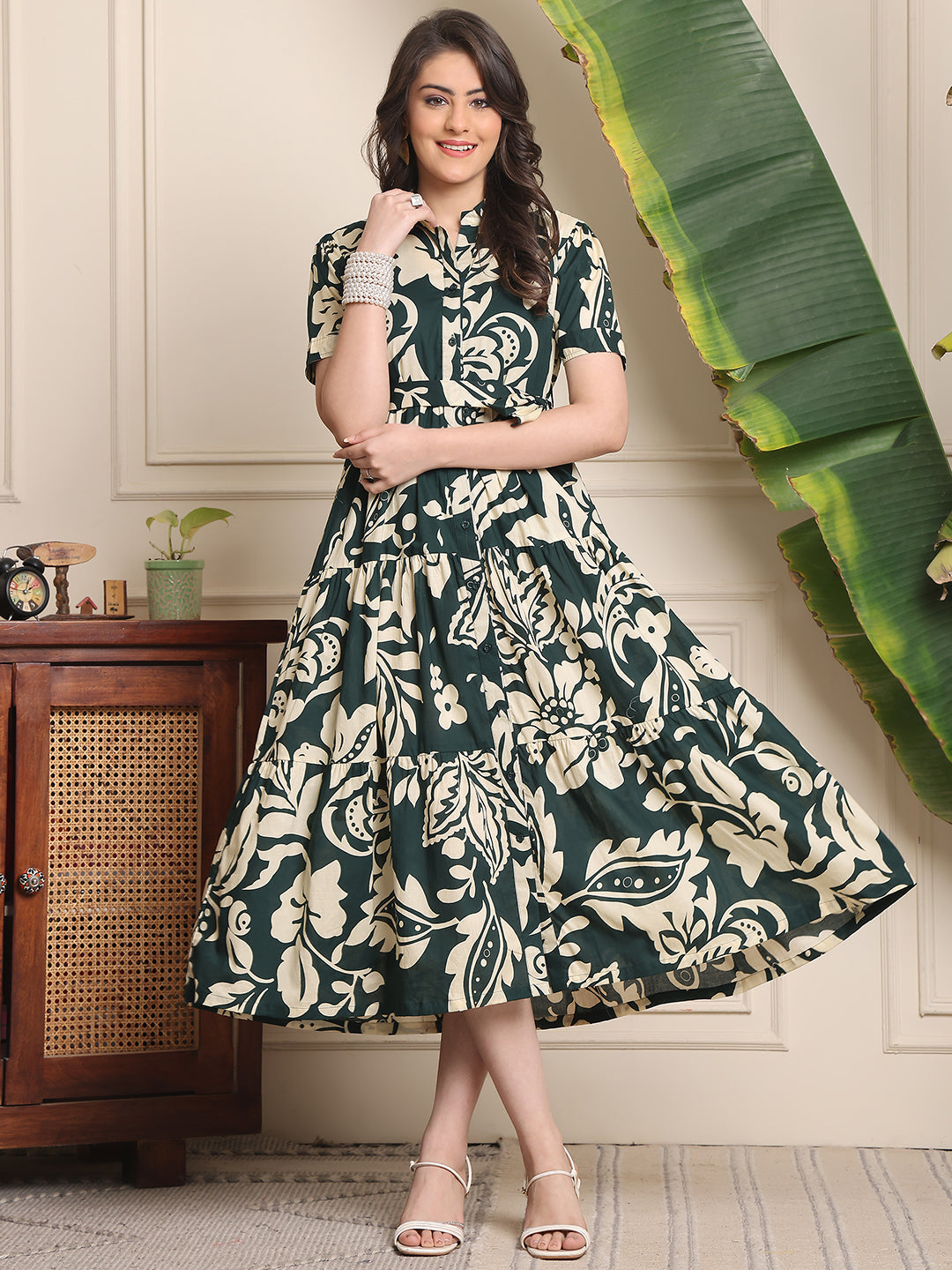 Green Colour Floral Printed Cotton Dress For Women