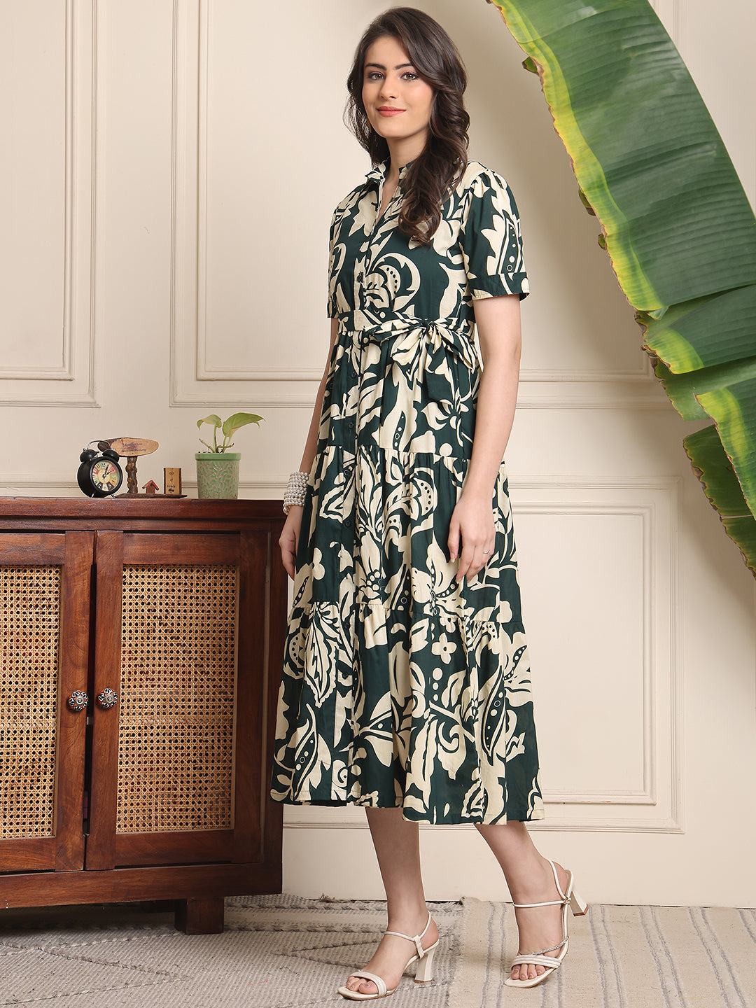 Green Colour Floral Printed Cotton Dress For Women