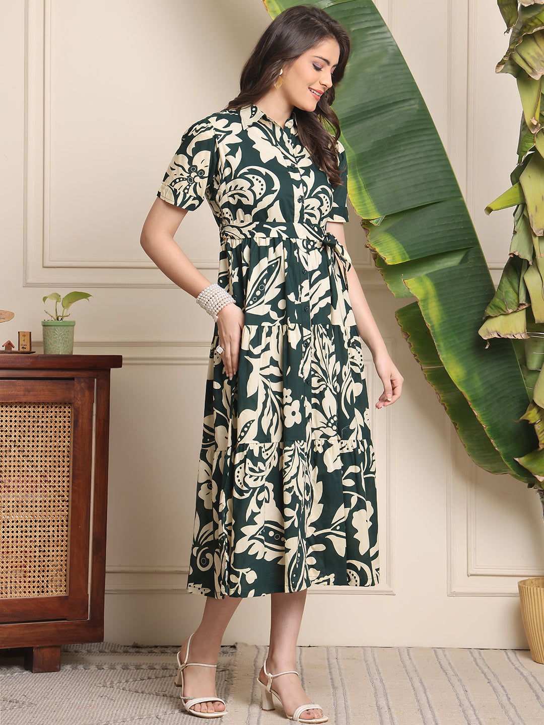 Green Colour Floral Printed Cotton Dress For Women