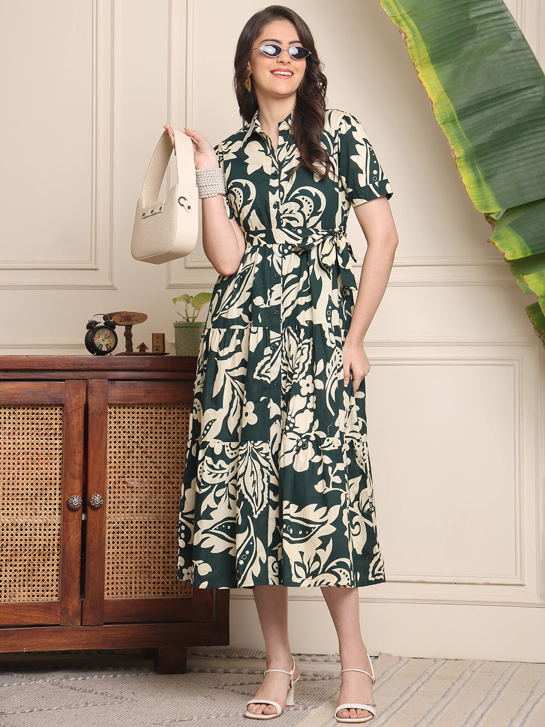 Green Colour Floral Printed Cotton Dress For Women