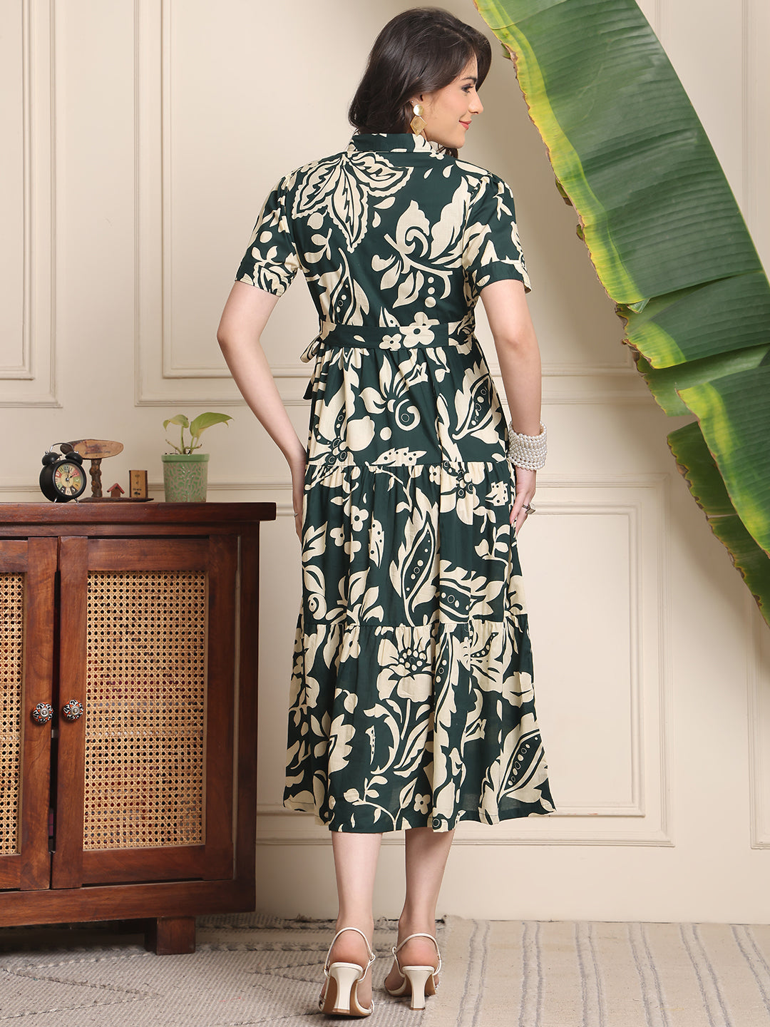 Green Colour Floral Printed Cotton Dress For Women