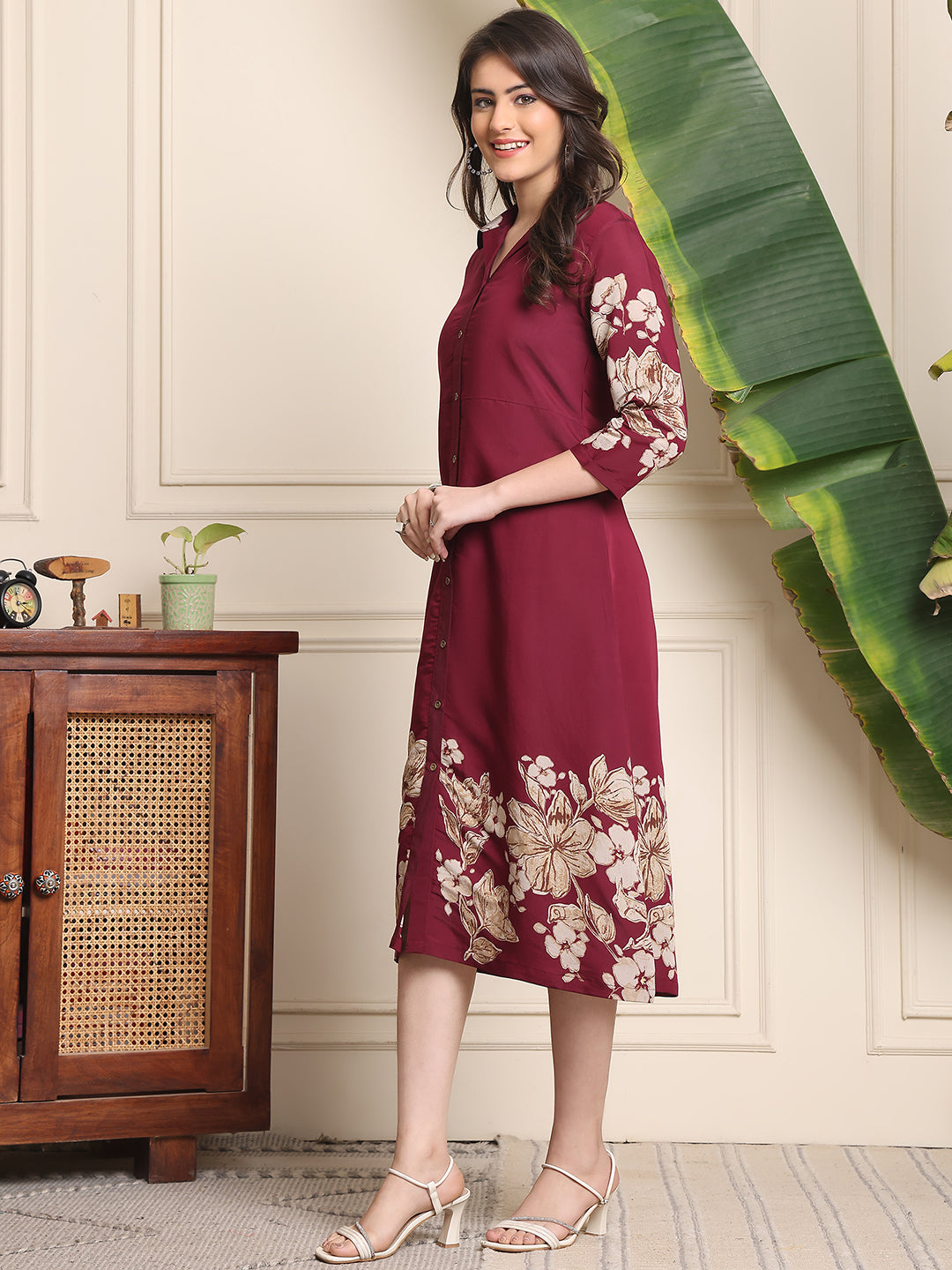 Wine Colour Floral Printed Chanderi Premium Dress For Women