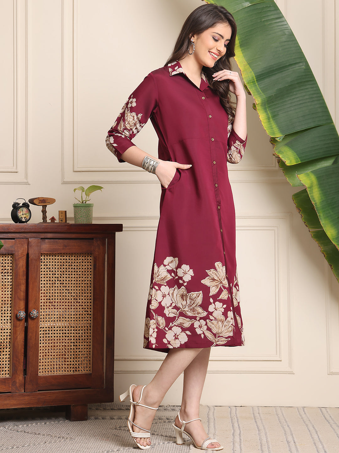 Wine Colour Floral Printed Chanderi Premium Dress For Women