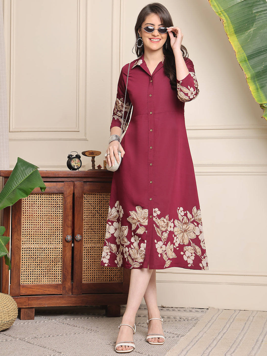 Wine Colour Floral Printed Chanderi Premium Dress For Women